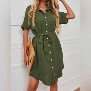 Women’s Short Sleeve Collared Army Green Button Up Shirt Dress Belted